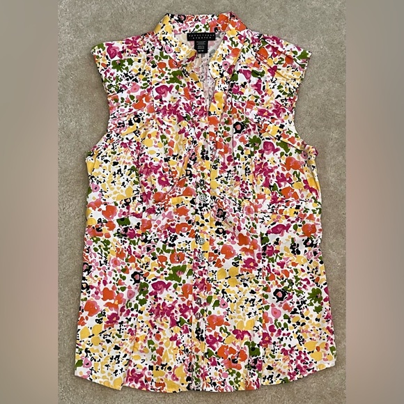 Apostrophe Stretch Sleeveless Floral Blouse - Button Up - Ruffled Arm Holes - Picture 1 of 10